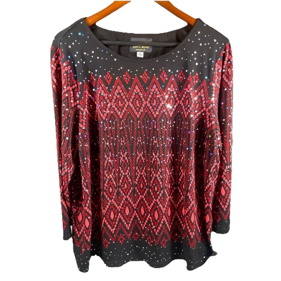Bob Mackie Long Sleeve Placement Print Knit Top XL Artsy Embellished Holidays - Picture 1 of 11